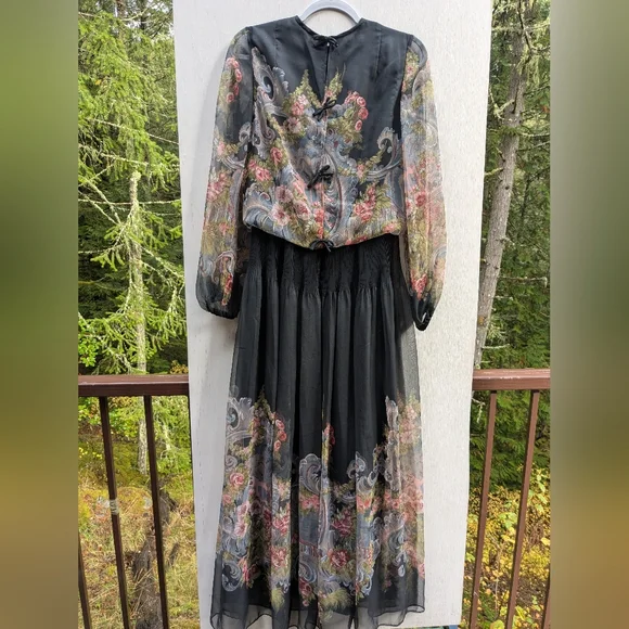Vintage Floral Long Sleeve Chiffon Dress - Picture 6 of 13